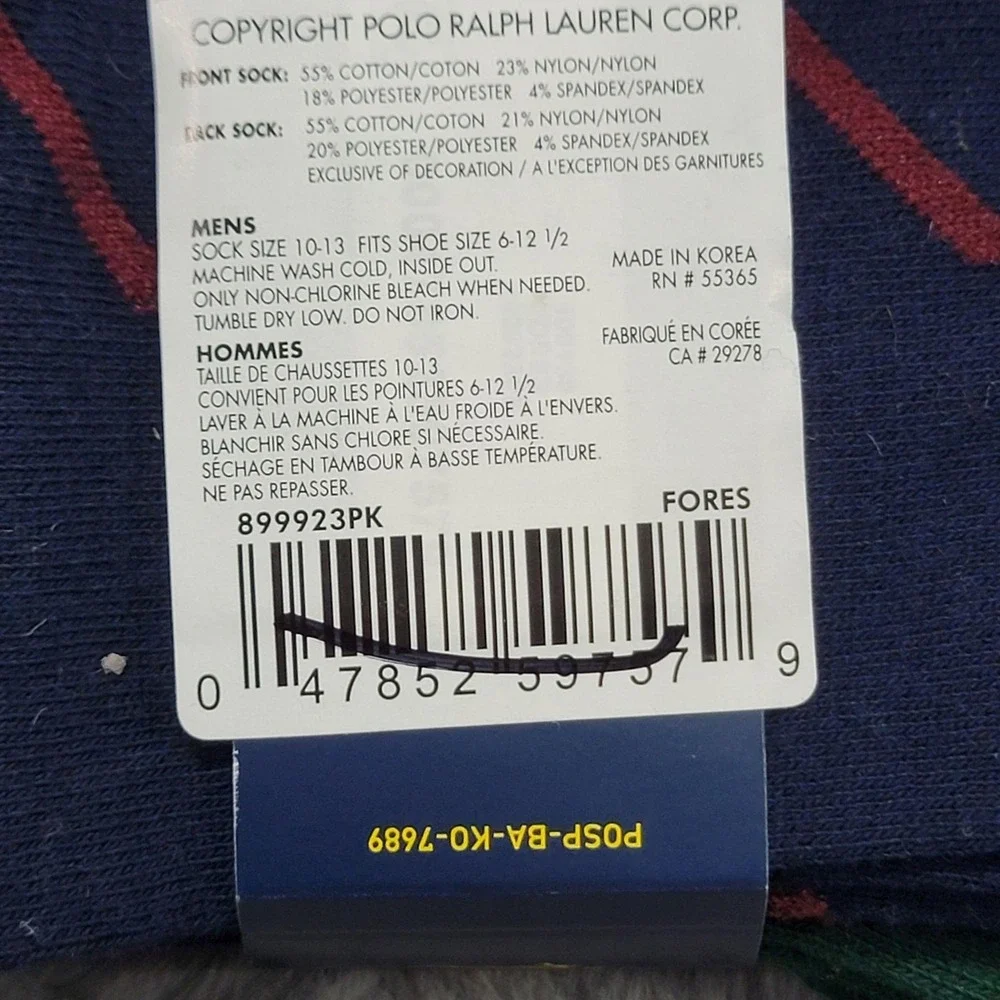 Polo Ralph Lauren Socks Mens 10-13 Green Navy Polo Rider Stripe Crew 2 Pairs